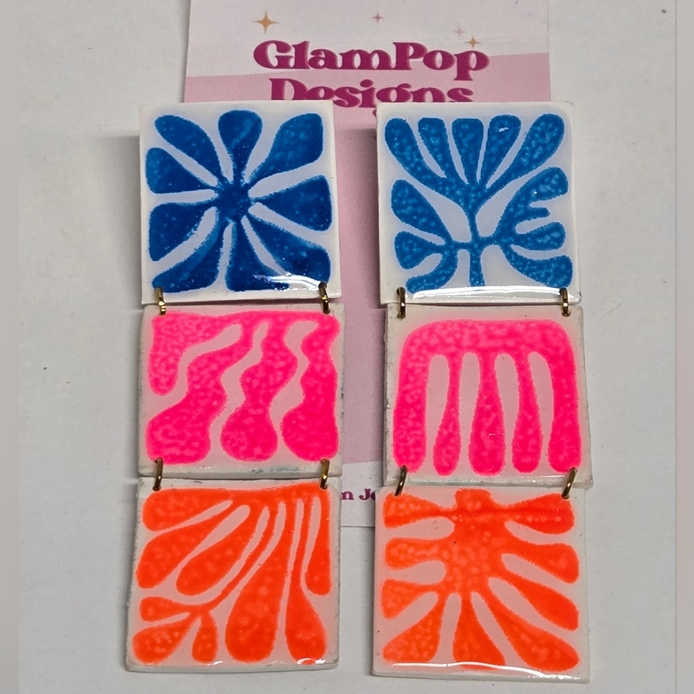 Glam Pop Designs Artisan Jewelry Matisse Tiles Pierced Earrings 3 1/4"X1"